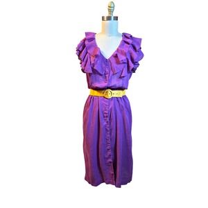Infinity Ruffle Neck Button Front Midi Dress Purple Vintage